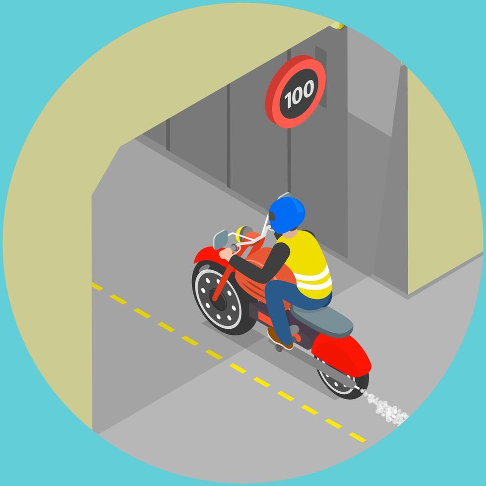 3D Isometric Flat Illustration of Driving Motorcycle, Safe Motobike Riding vector