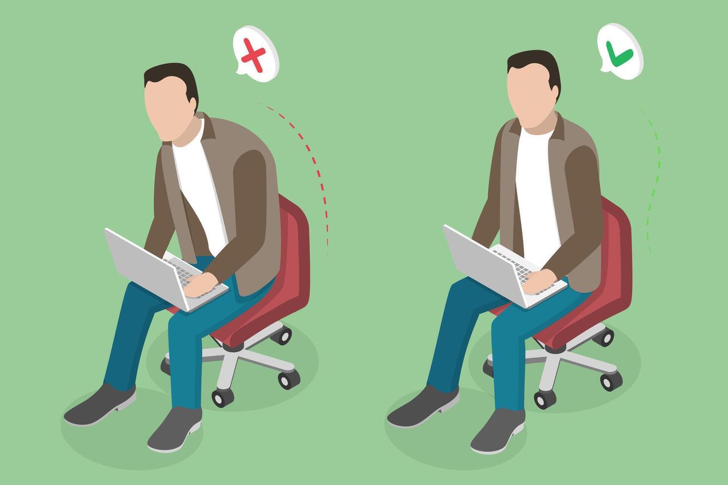 3D Isometric Flat Illustration of Ergonomic Position While Using a Device, Correct and Incorrect Posture vector