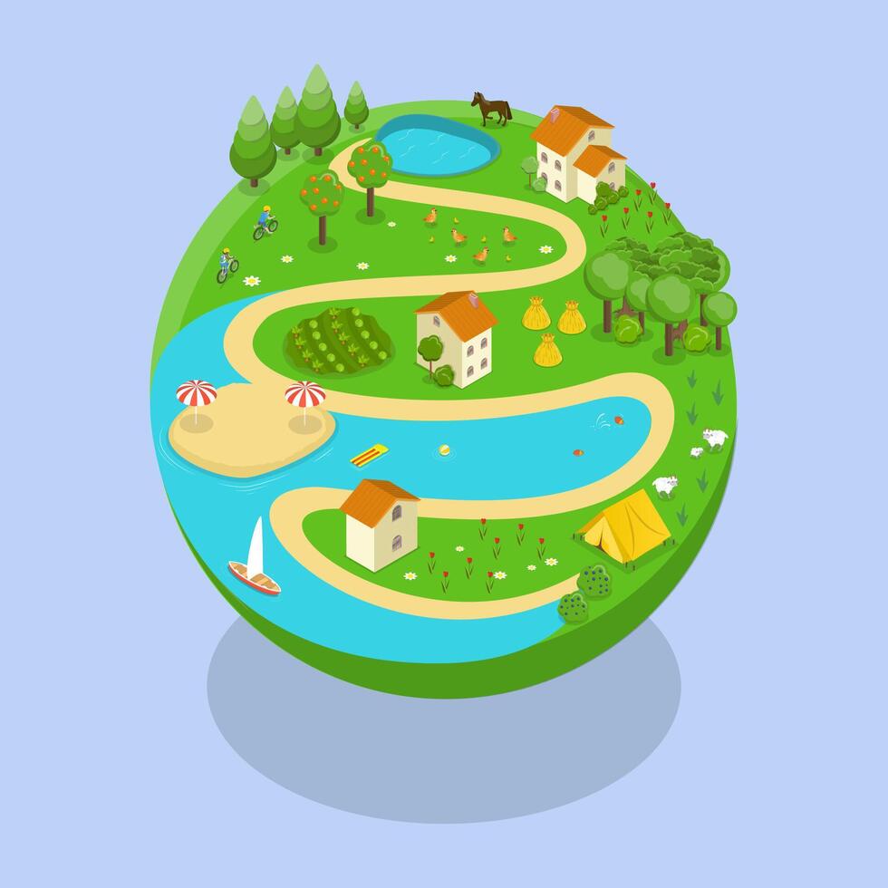 3D Isometric Flat Illustration of Globe With Summertine, Farmland Landscapes vector