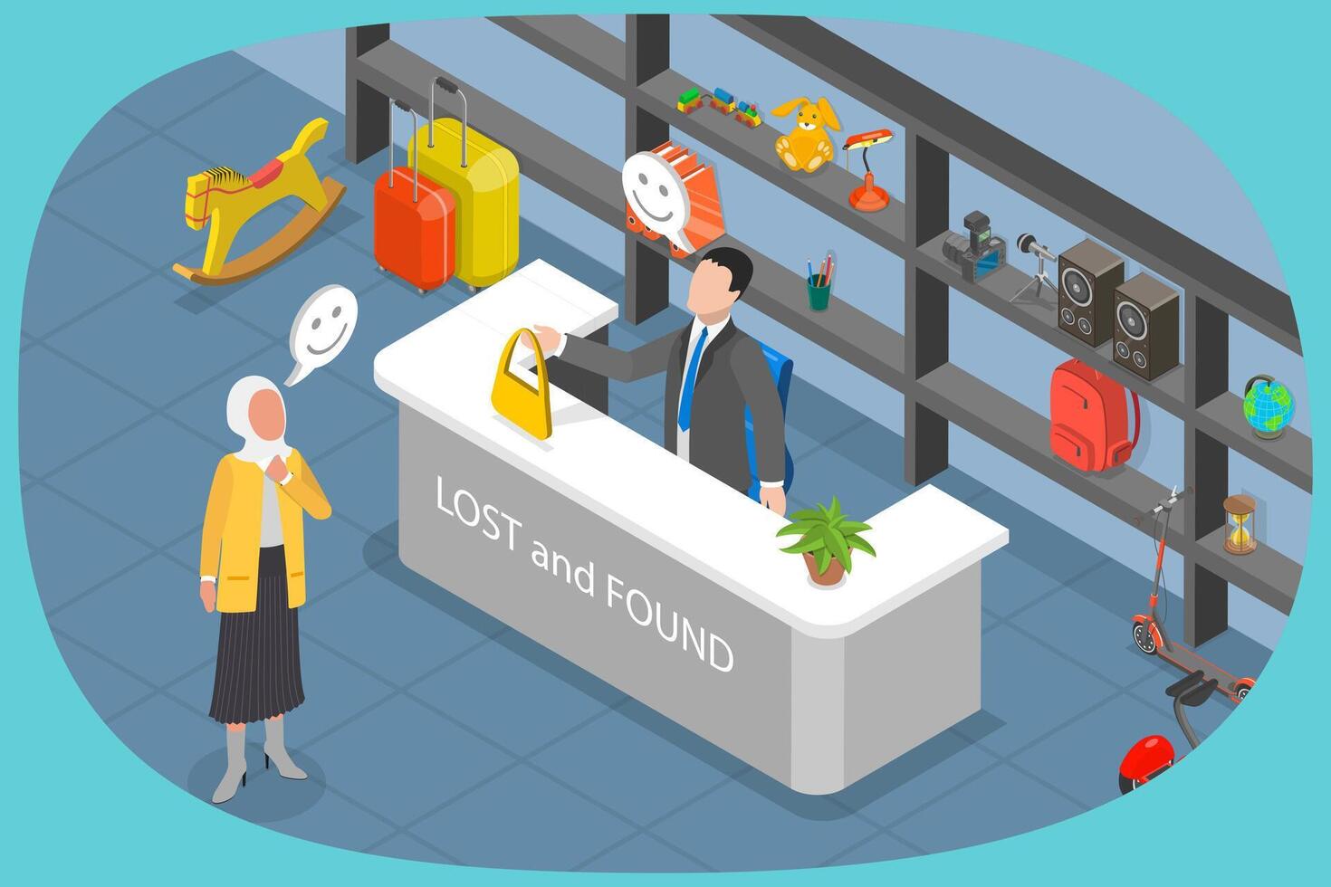 3D Isometric Flat Illustration of Lost And Found Luggage Office, Baggage Claim vector