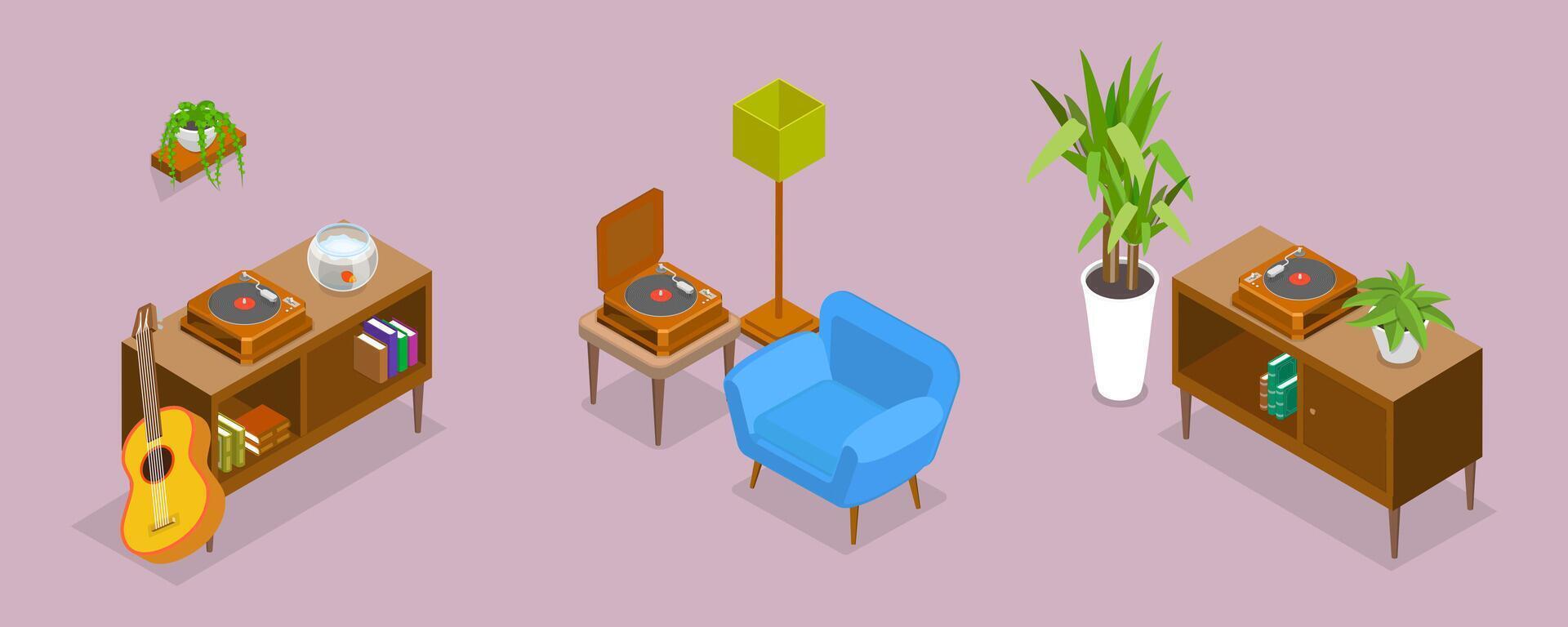 3D Isometric Flat Illustration of Retro Style Apartment, Cozy Home vector