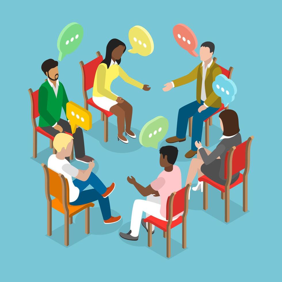 3D Isometric Flat Illustration of Discussion Circle, Psychology Therapy vector