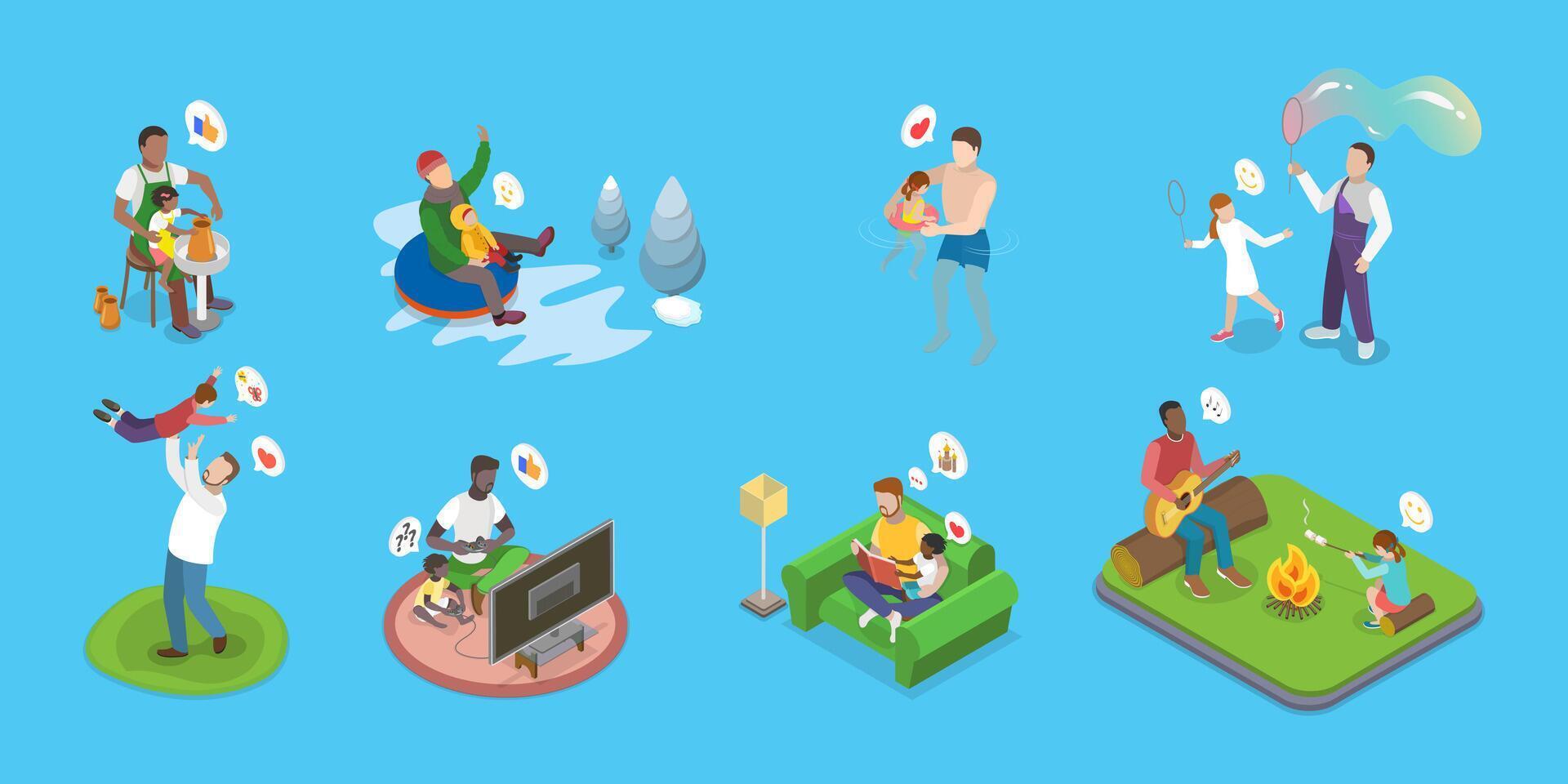 3D Isometric Flat Illustration of Playing With Dad, Fatherhood, Daddy Super Hero vector