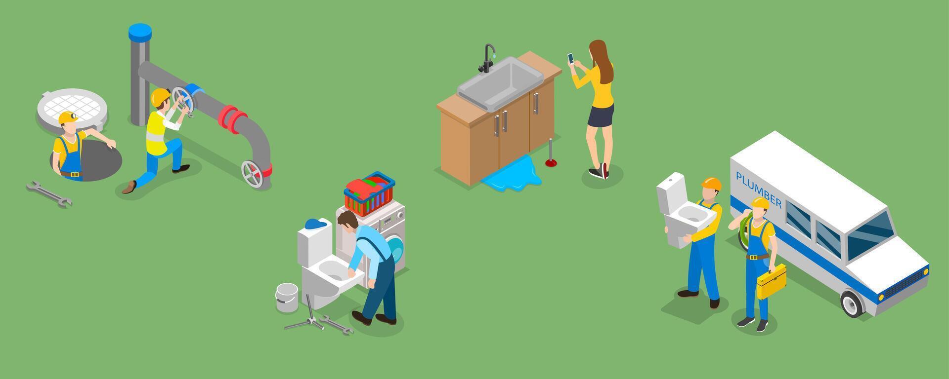 3D Isometric Flat Illustration of Plumbers, Pipeline Repair, Clogged Toilet, Sewer Cleaning vector