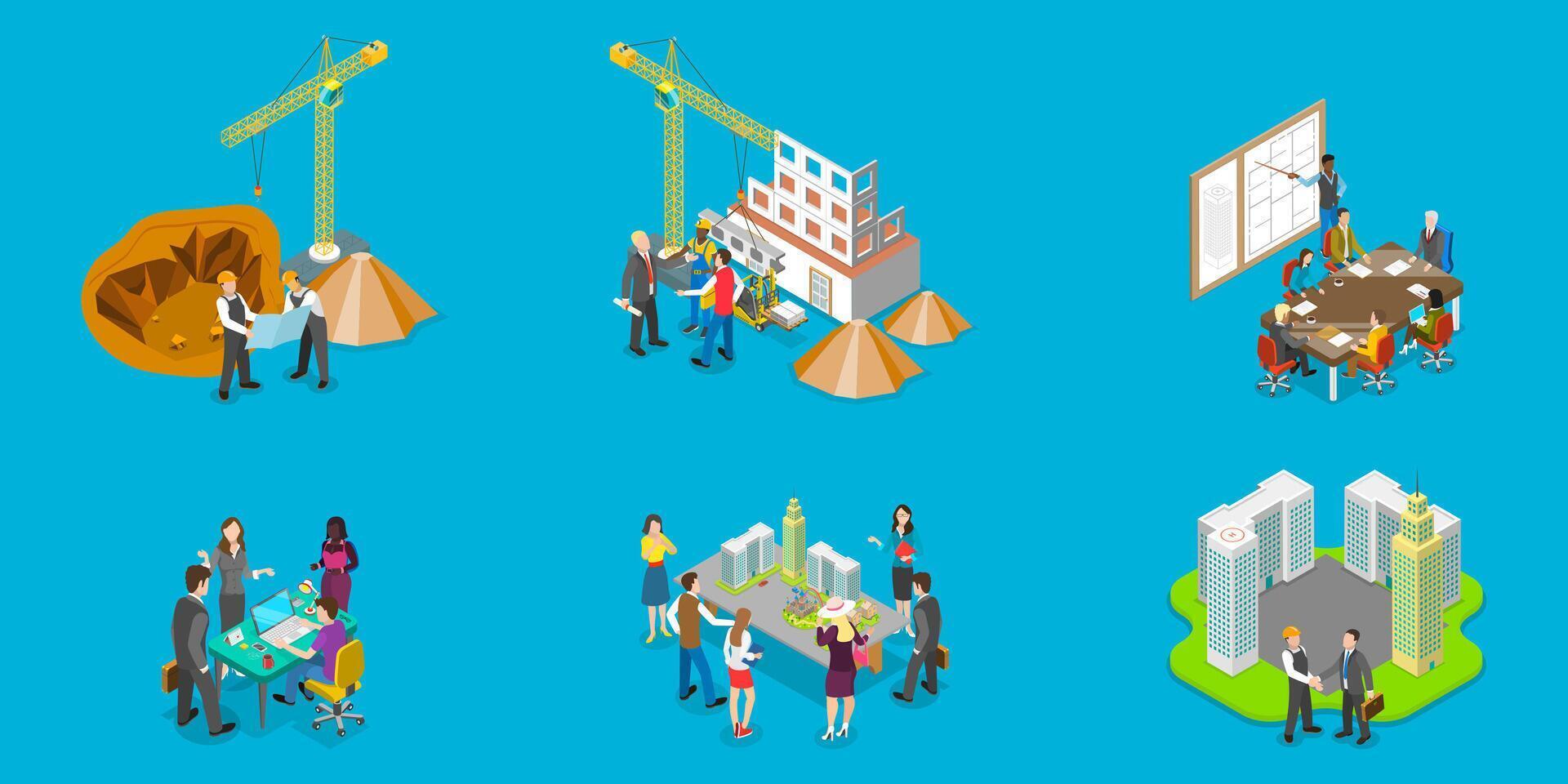 3D Isometric Flat Illustration of Builders And Architects , Construction Business vector