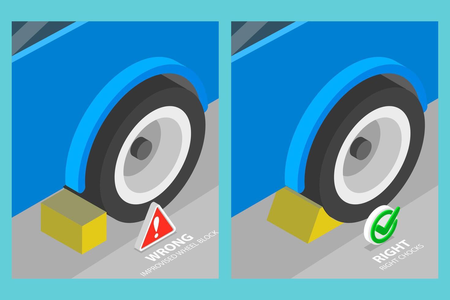3D Isometric Flat Illustration of Proper Chocking Placment, Driving Rules And Tips vector