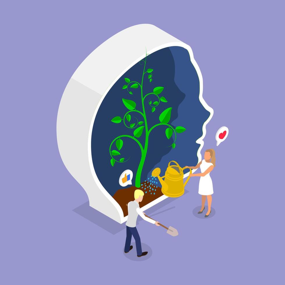 3D Isometric Flat Illustration of Growth Mindset, Self-improvement and Self Development vector