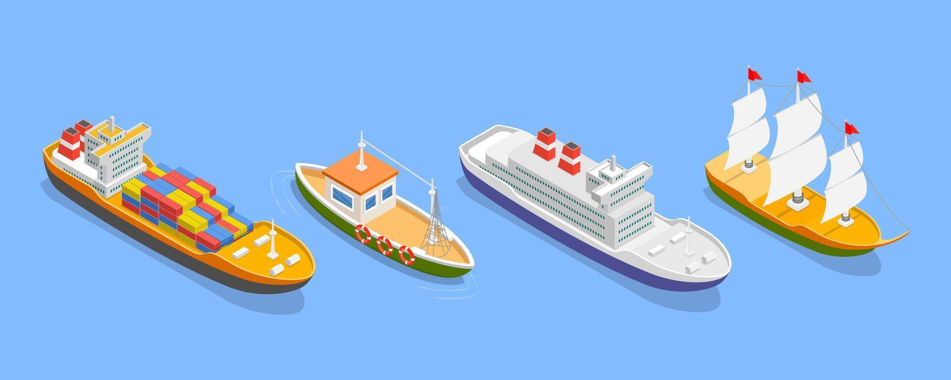 3D Isometric Flat Set of Maritime Ships, Water Transportation Boats vector