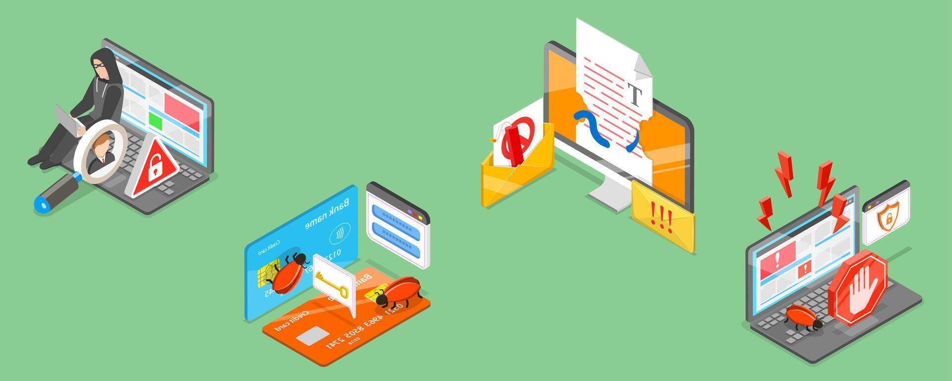3D Isometric Flat Illustration of Computer Crime, Cyber Security Breach vector