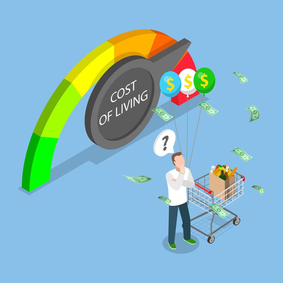 3D Isometric Flat Illustration of Inflation, Consumer Price Index Growth, Financial Crisis vector