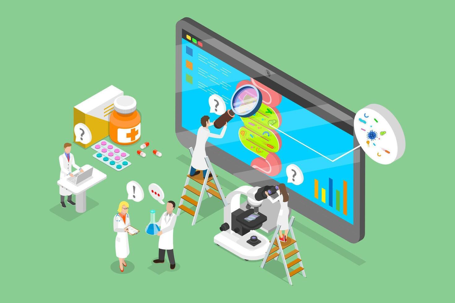 3D Isometric Flat Illustration of Gut Microbiome Research , Gastroenterology Clinic vector