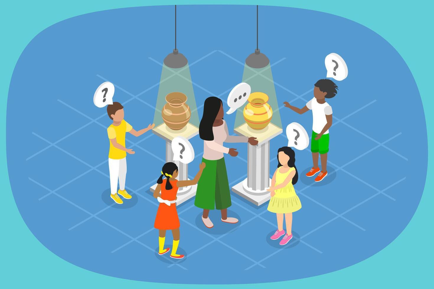 3D Isometric Flat Illustration of Group Of Curious Kids in Gallery or Museum, Children at Excursion vector