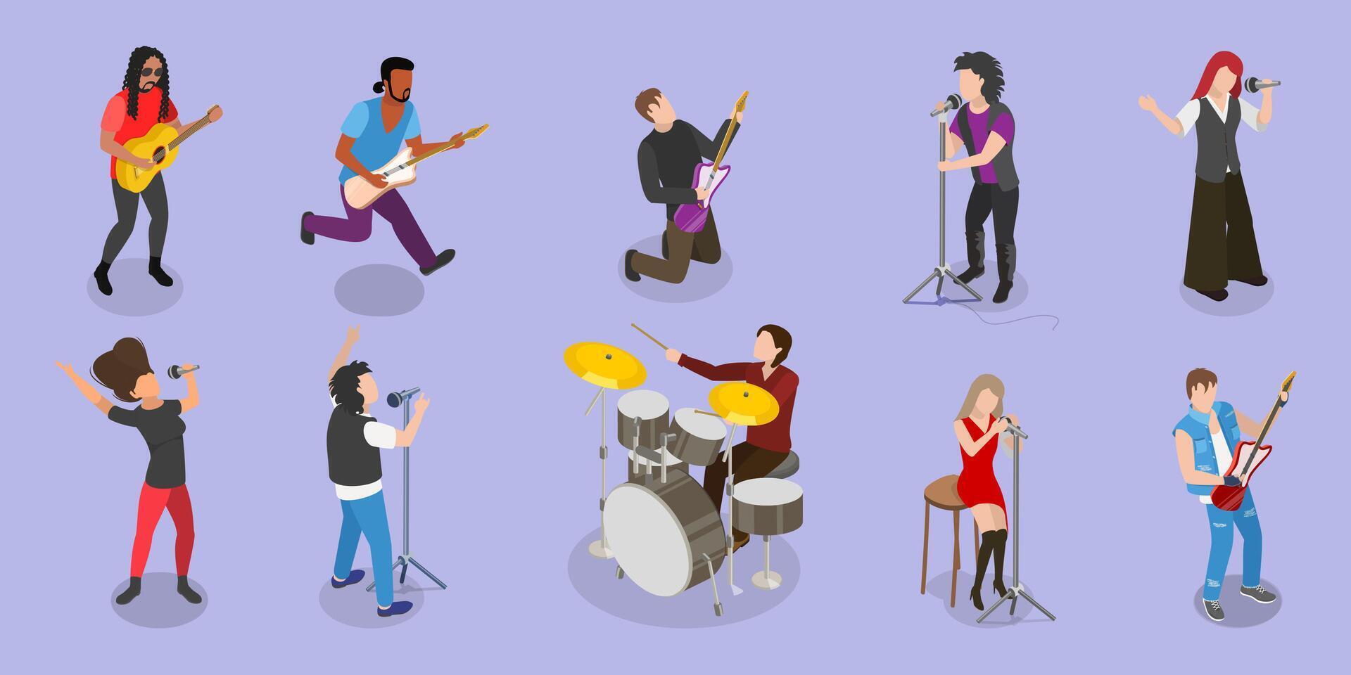 3D Isometric Flat Illustration of Rock Musicians, Young Artists Playing Music Instruments vector