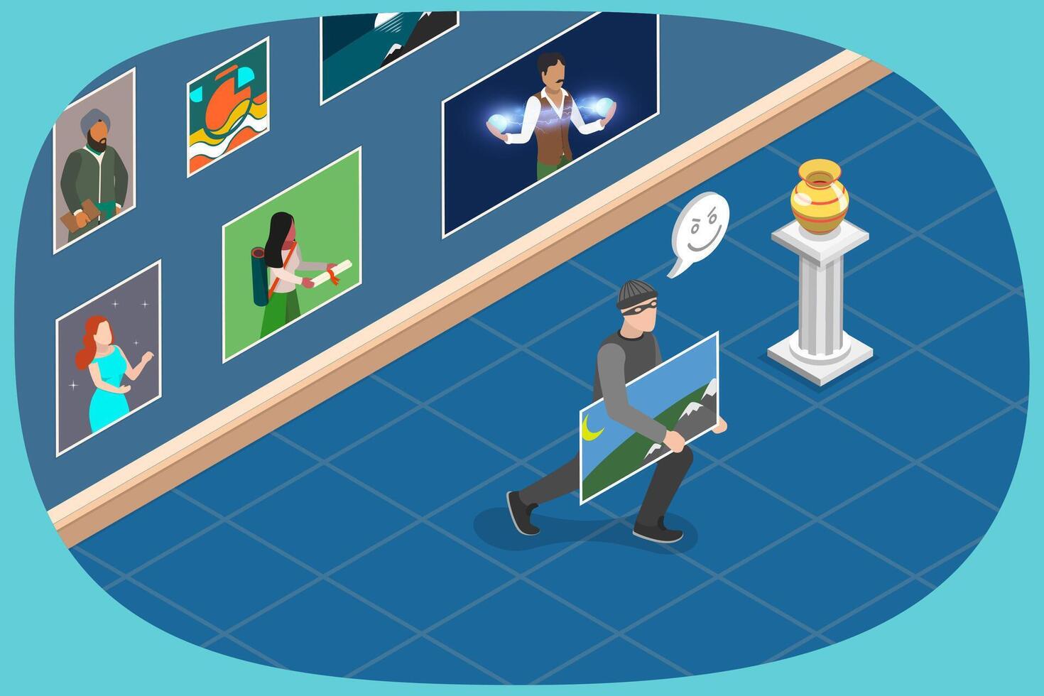 3D Isometric Flat Illustration of Stealing Painting, Art Gallery Robbery vector