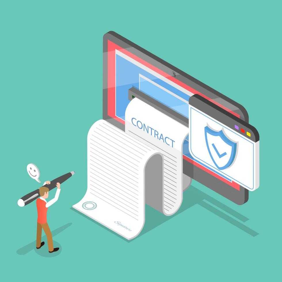 3D Isometric Flat Illustration of Electronic Contract With Digital Signature, Agreement Conclusion vector