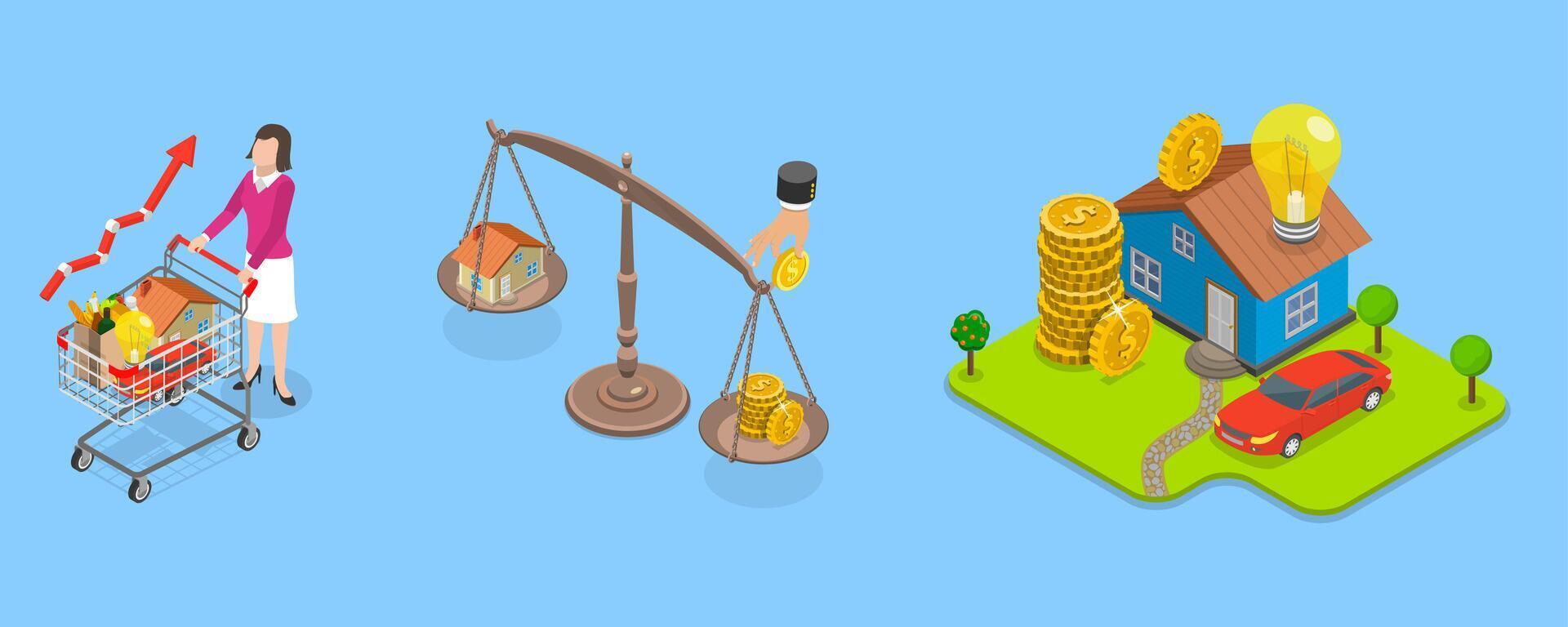 3D Isometric Flat Illustration of Cost Of Living, Rising Foods Cost and Grocery Price vector