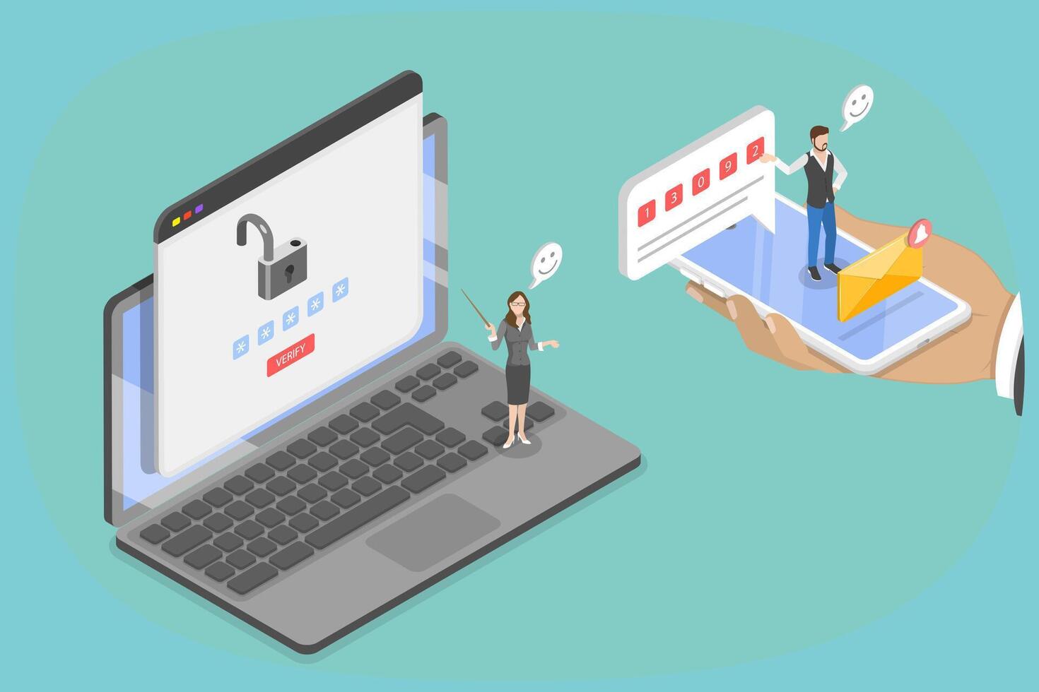 3D Isometric Flat Illustration of Two Steps Authentication, 2FA Multifactor Verification vector