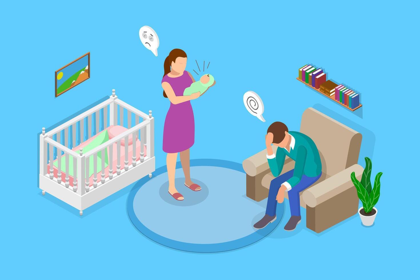 3D Isometric Flat Illustration of Depressed Parents, Postnatal Anxiety vector