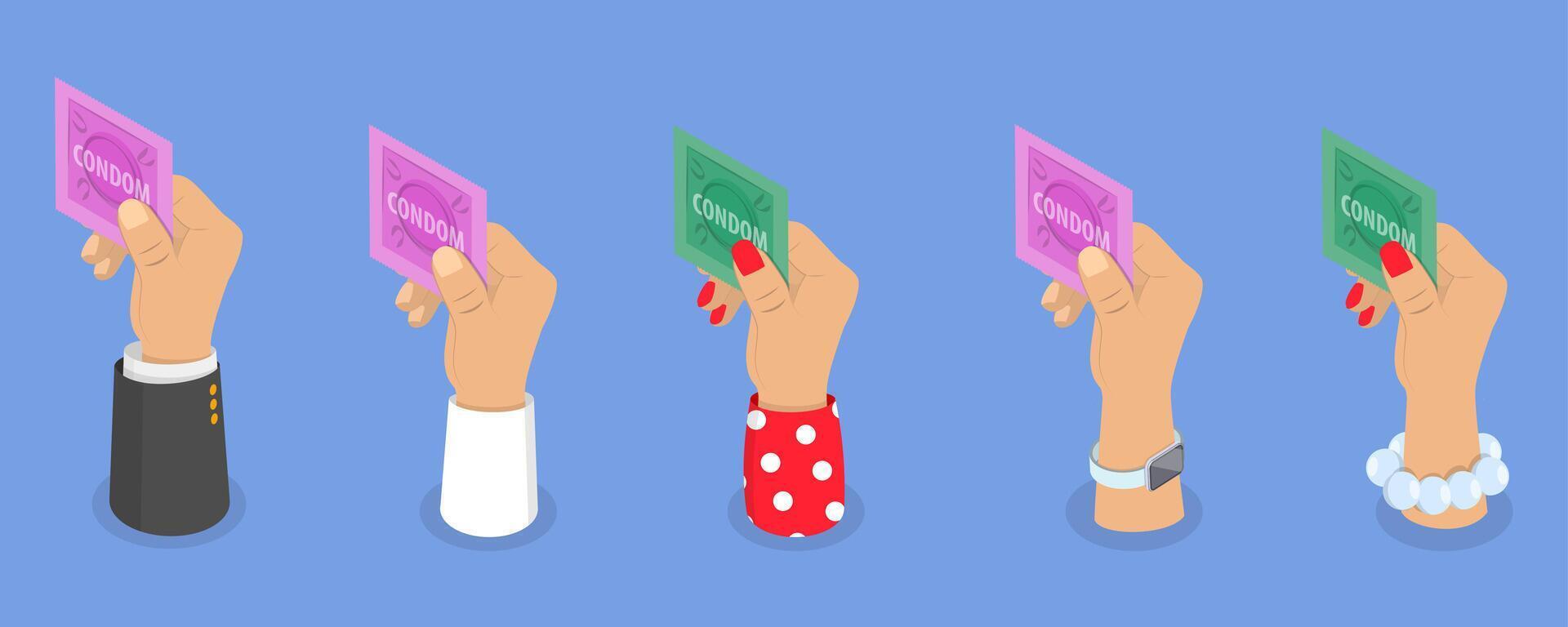 3D Isometric Flat Illustration of Hand with Condom, Safe Sex, Healthy Lifestyle vector