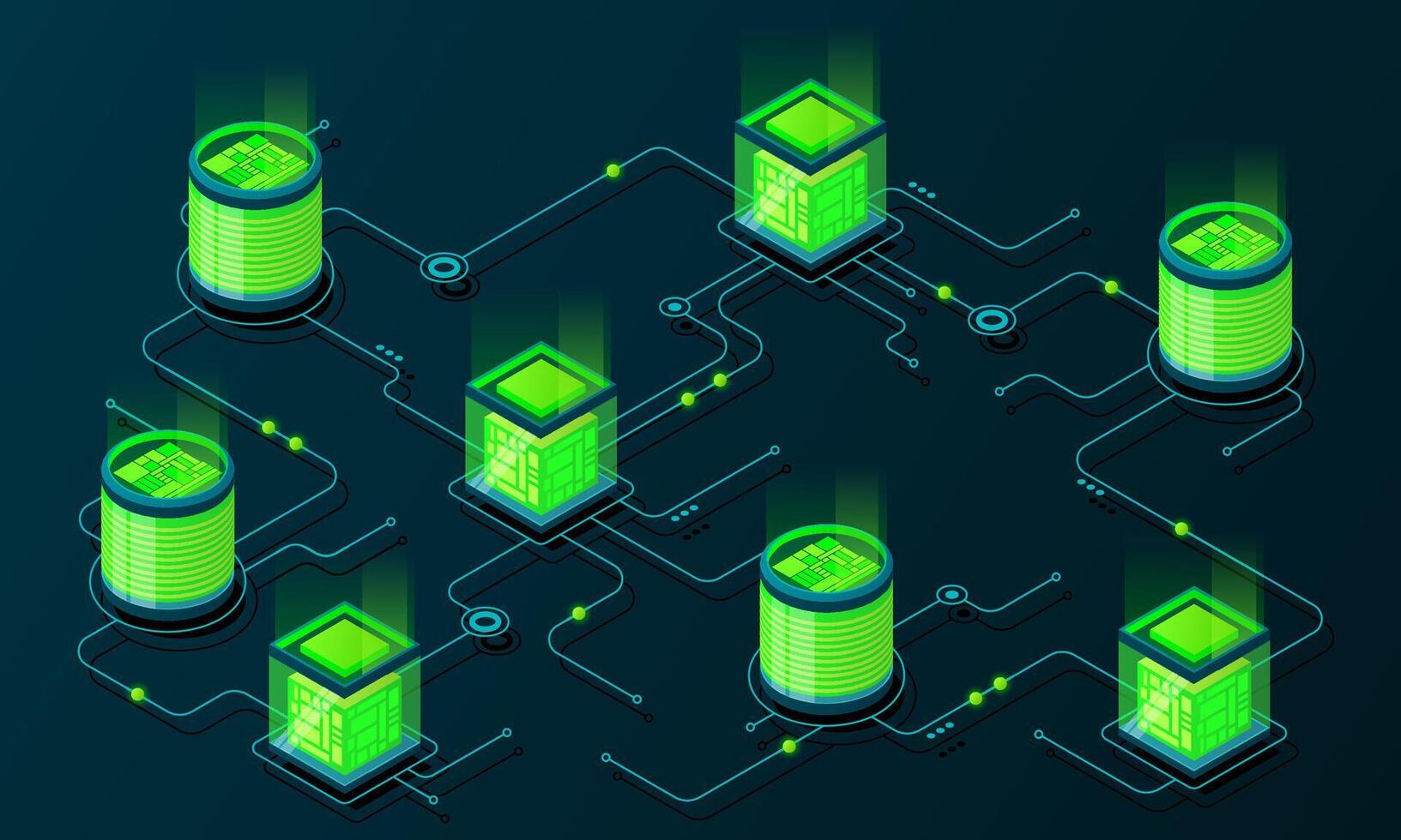 Isometric concept of big data processing. Server energy station of future. Network mainframe infrastructure. Isometric high technology concept. vector
