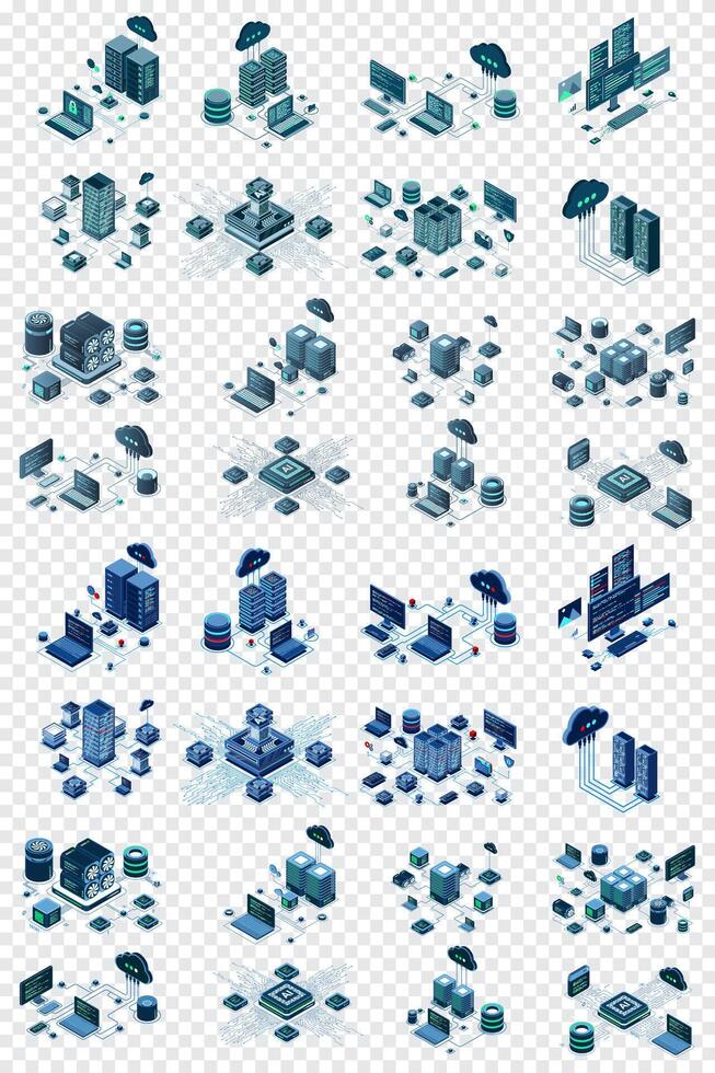 Large set of isometric modern technology for cloud computing, datacenter, database, artificial intelligence, and blockchain technology. Isometric technology vector