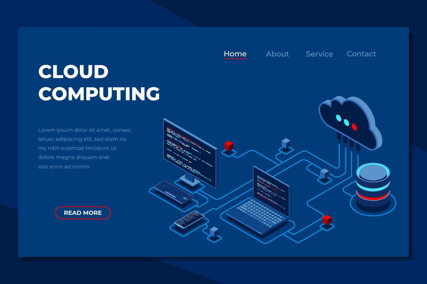 Cloud computing isometric landing page. Cloud storage server. Cloud computing online database. Isometric technology vector