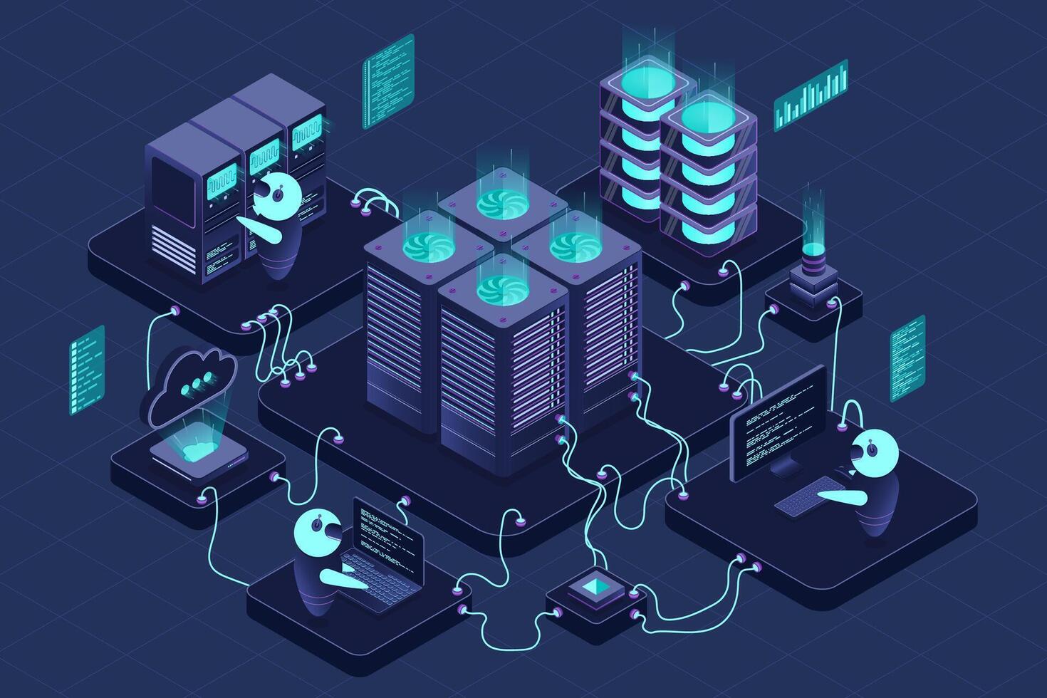 Isometric data center or server room. Data center connection network. Cloud storage. Isometric high technology concept. Isometric technology. vector