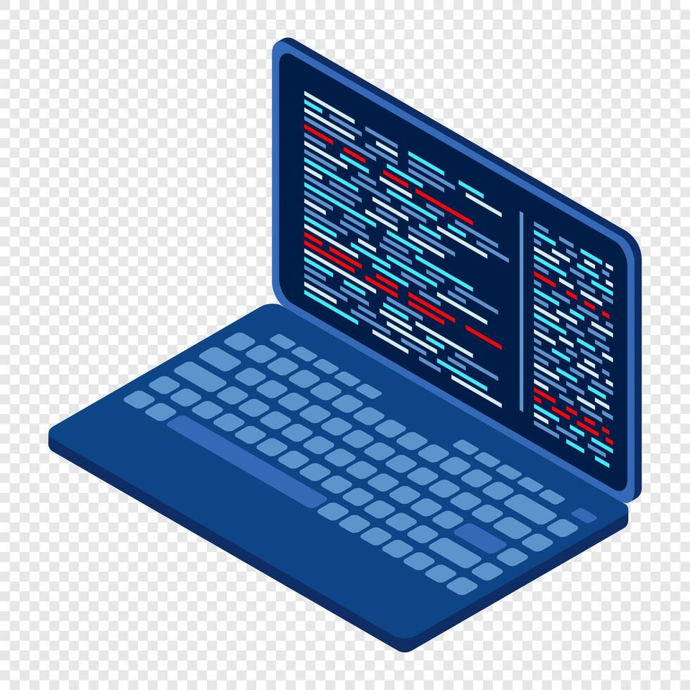 Isometric laptop. Isometric laptop computer. Abstract programming language and program code on a laptop screen. Isometric technology vector