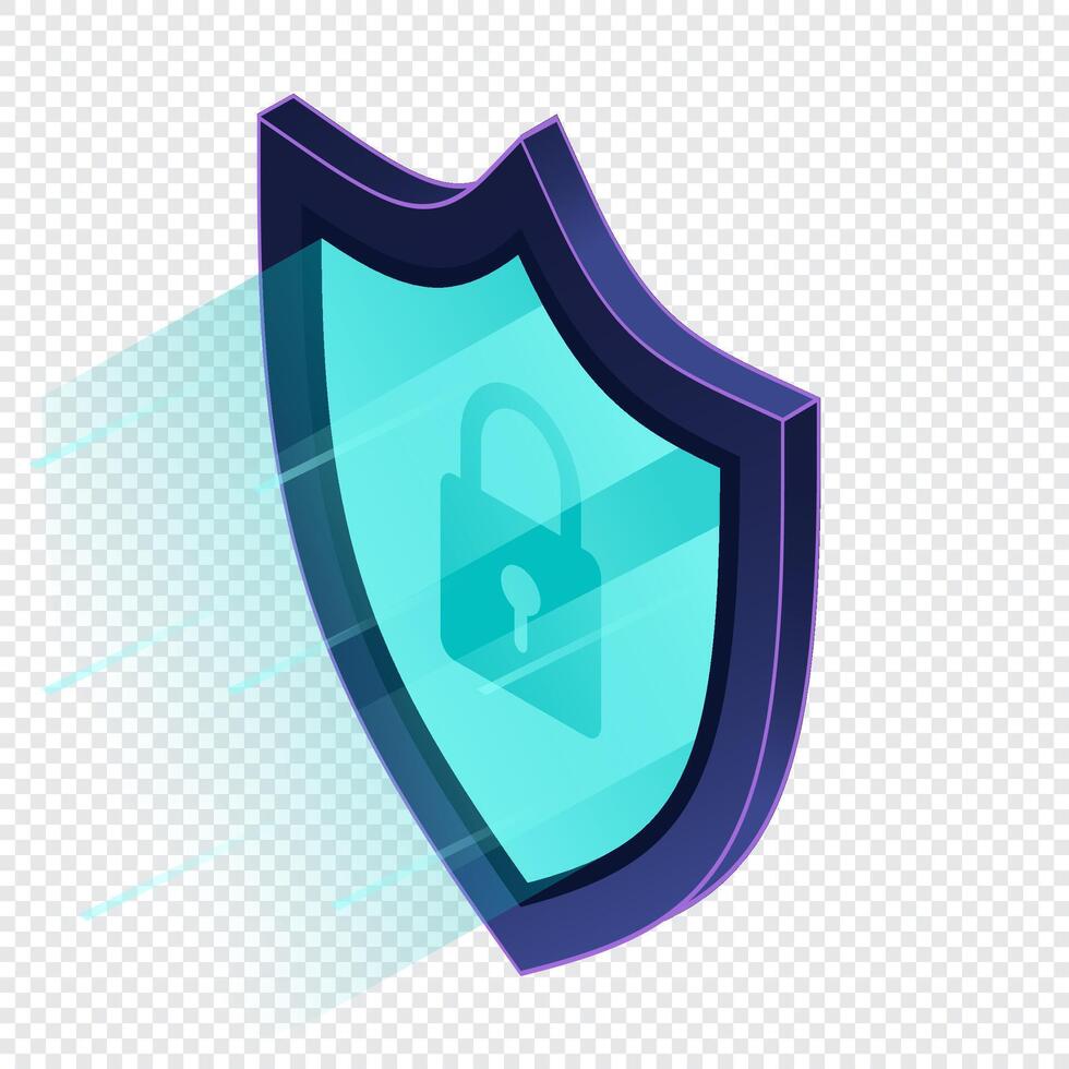 Secure vpn. VPN protection with a shield. Shield lock in futuristic purple style. Cyber security. Isometric technology vector