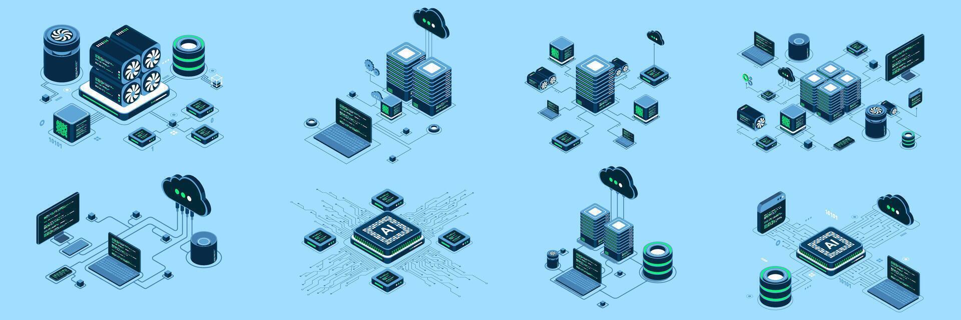 Set of isometric modern technology concept for cloud computing, datacenter, database, artificial intelligence, and blockchain technology. Isometric. vector