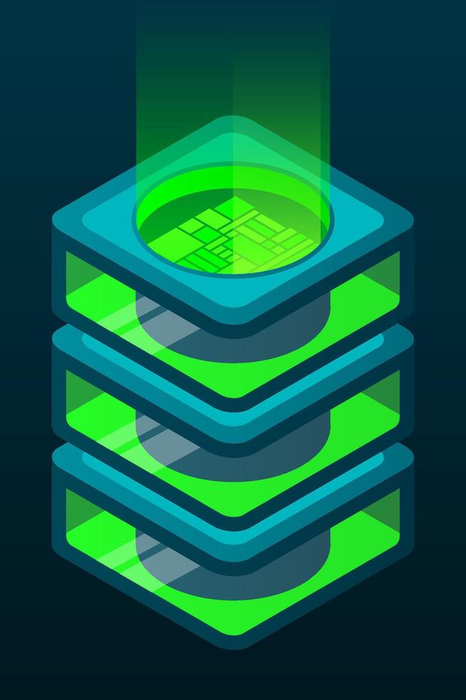 Isometric database. Isometric futuristic server. Big data isometric. Cloud computing and file cloud storage. Isometric technology. vector