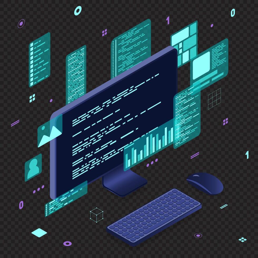 Computer technology isometric illustration. Desktop computer platforms. Software programming coding concept. Code with computer monitor. Isometric vector