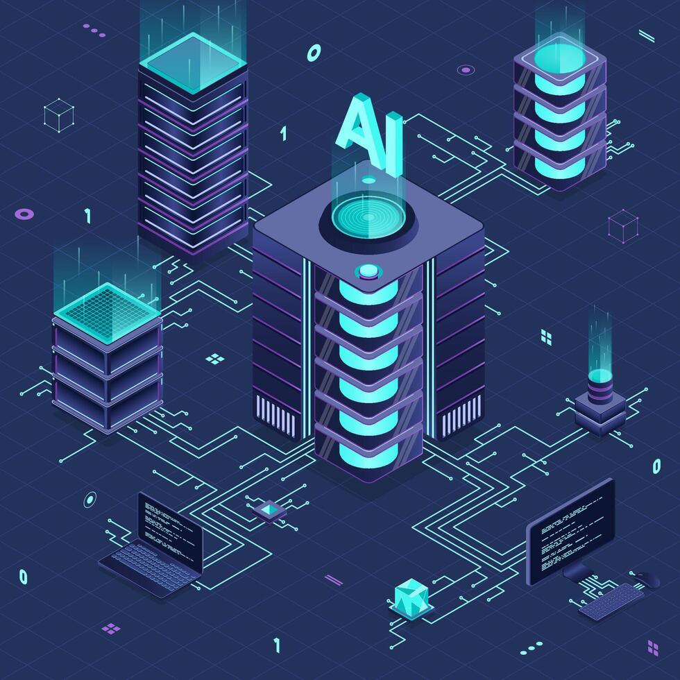 Isometric artificial intelligence technology. Isometric cloud computing concept. Artificial intelligence neural network future technology. Server computer. Isometric technology. vector
