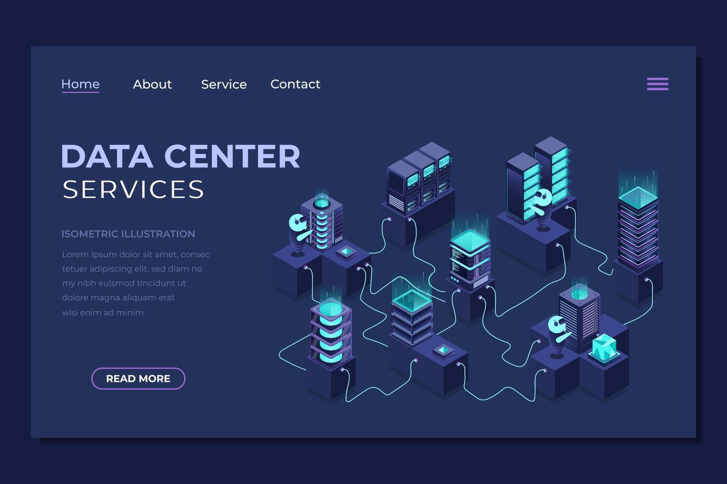 Isometric data center landing page. Networking, database, cloud storage. Digital technology website landing page. Isometric technology. vector