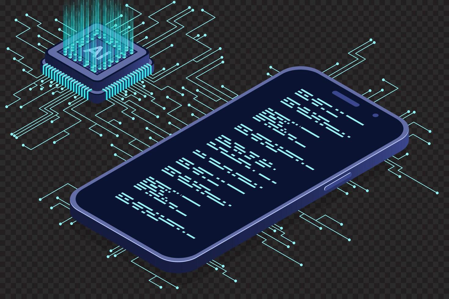 Isometric smartphone with AI. Artificial intelligence and smartphone concept. Smartphone with futuristic artificial intelligence processor. Isometric vector
