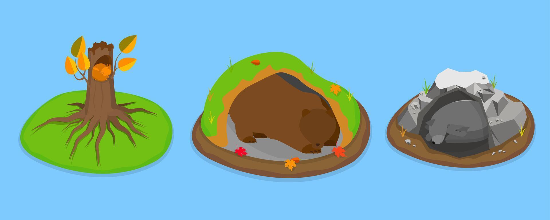 3D Isometric Flat Set of Cartoon Woodland Animals, Wild Animals Sleeping in Holes vector