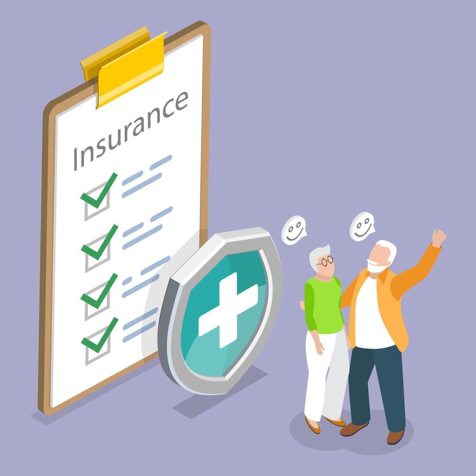 3D Isometric Flat Illustration of Insurance Planning For Elderly , Life and Accident Coverage vector