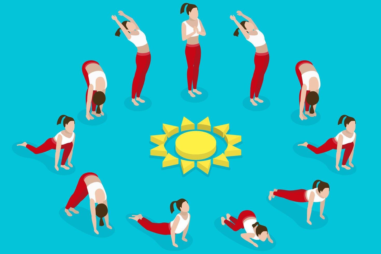 3D Isometric Flat Illustration of Surya Namaskar, Sun Salutation a yoga sequence honoring the sun vector
