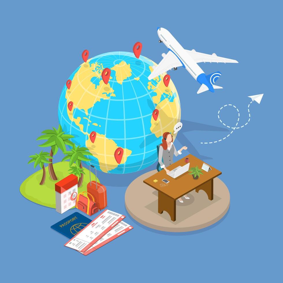 3D Isometric Flat Illustration of Touristic Service, Travel Company Manager vector