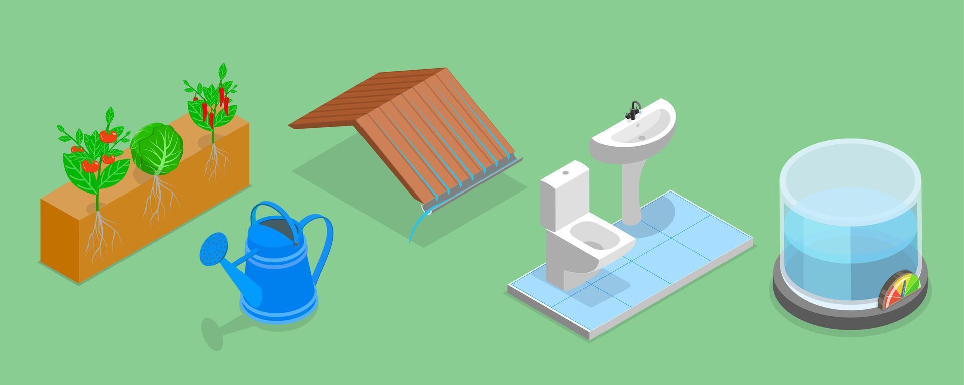 3D Isometric Flat Set of Rainwater Harvesting Items Part 1, Responsible Lifestyle vector