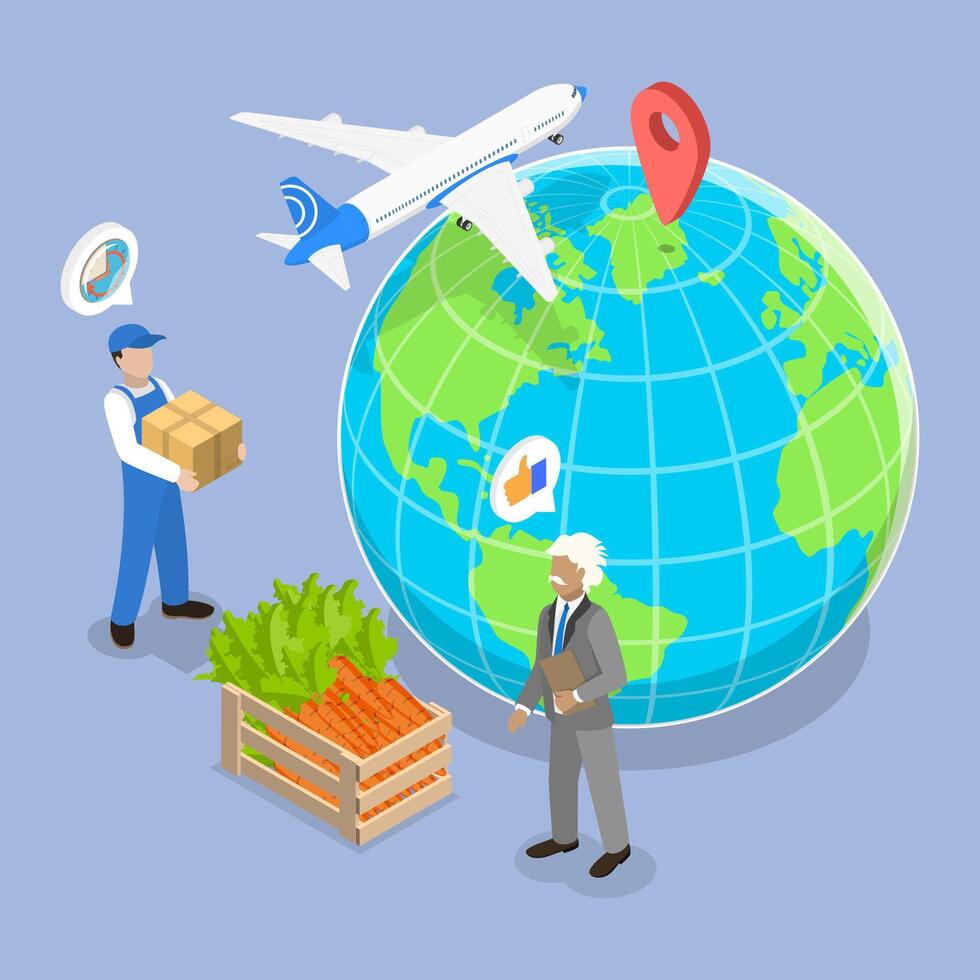 3D Isometric Flat Illustration of Agricultural Products Export, Global Logistics Network vector