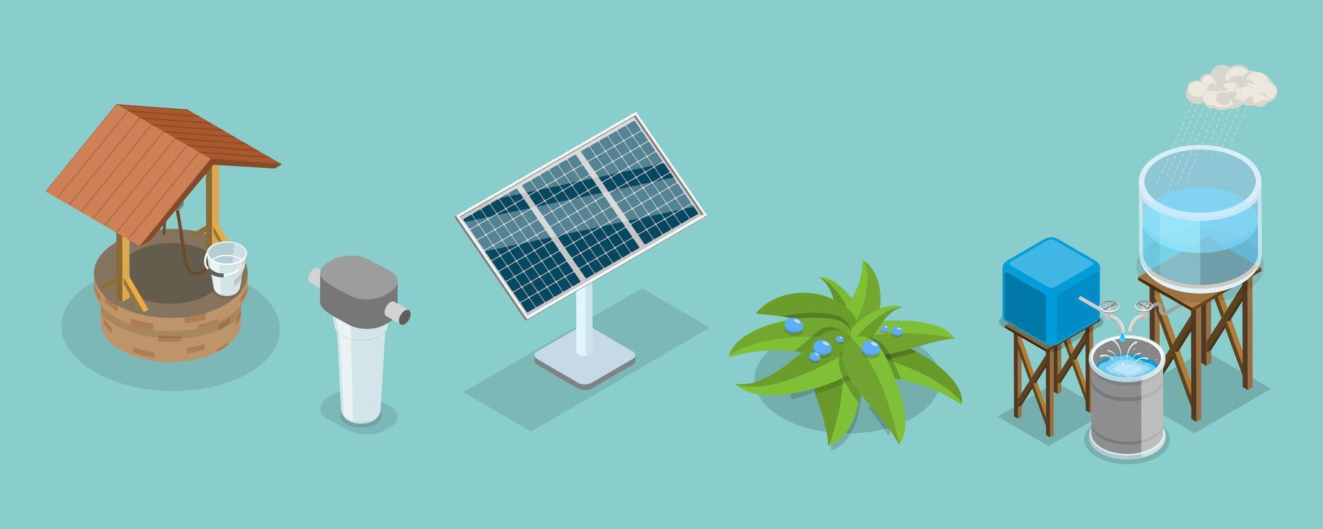 3D Isometric Flat Set of Rainwater Harvesting Items Part 3, Cost Effective Lifestyle vector
