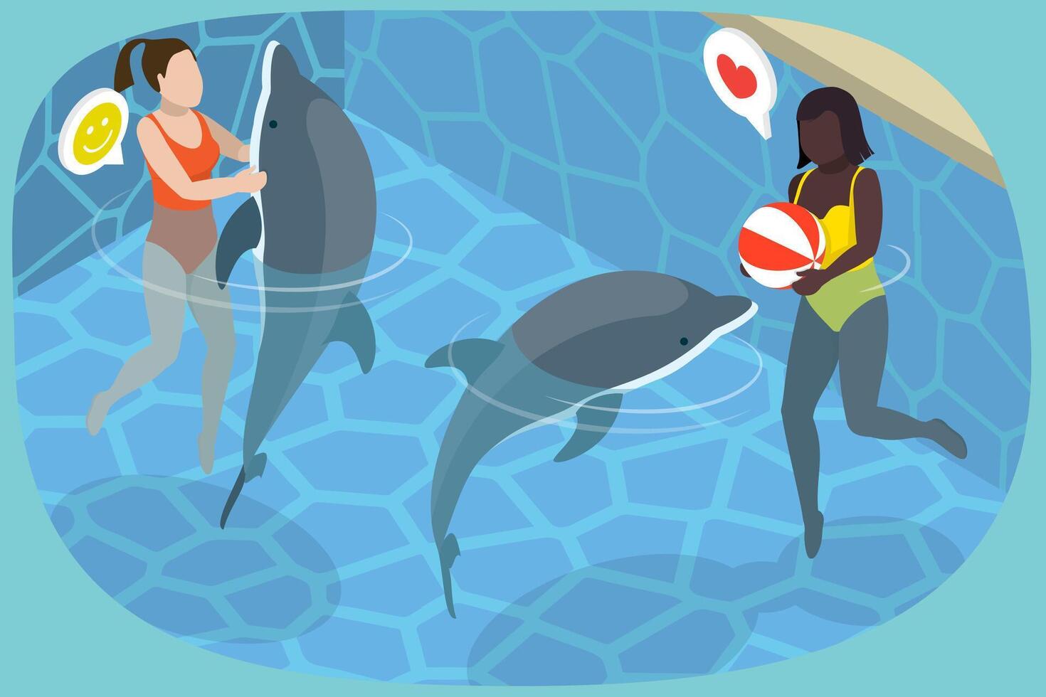 3D Isometric Flat Illustration of Swim With Dolphins, A Unique and Empowering Experience vector