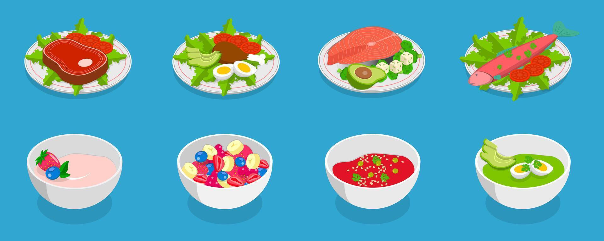 3D Isometric Flat Illustration of Healthy Plate, Balanced Diet vector