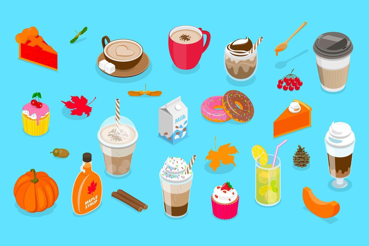 3D Isometric Flat Set of Coffee and Treats, Fall Vibes Beverage vector