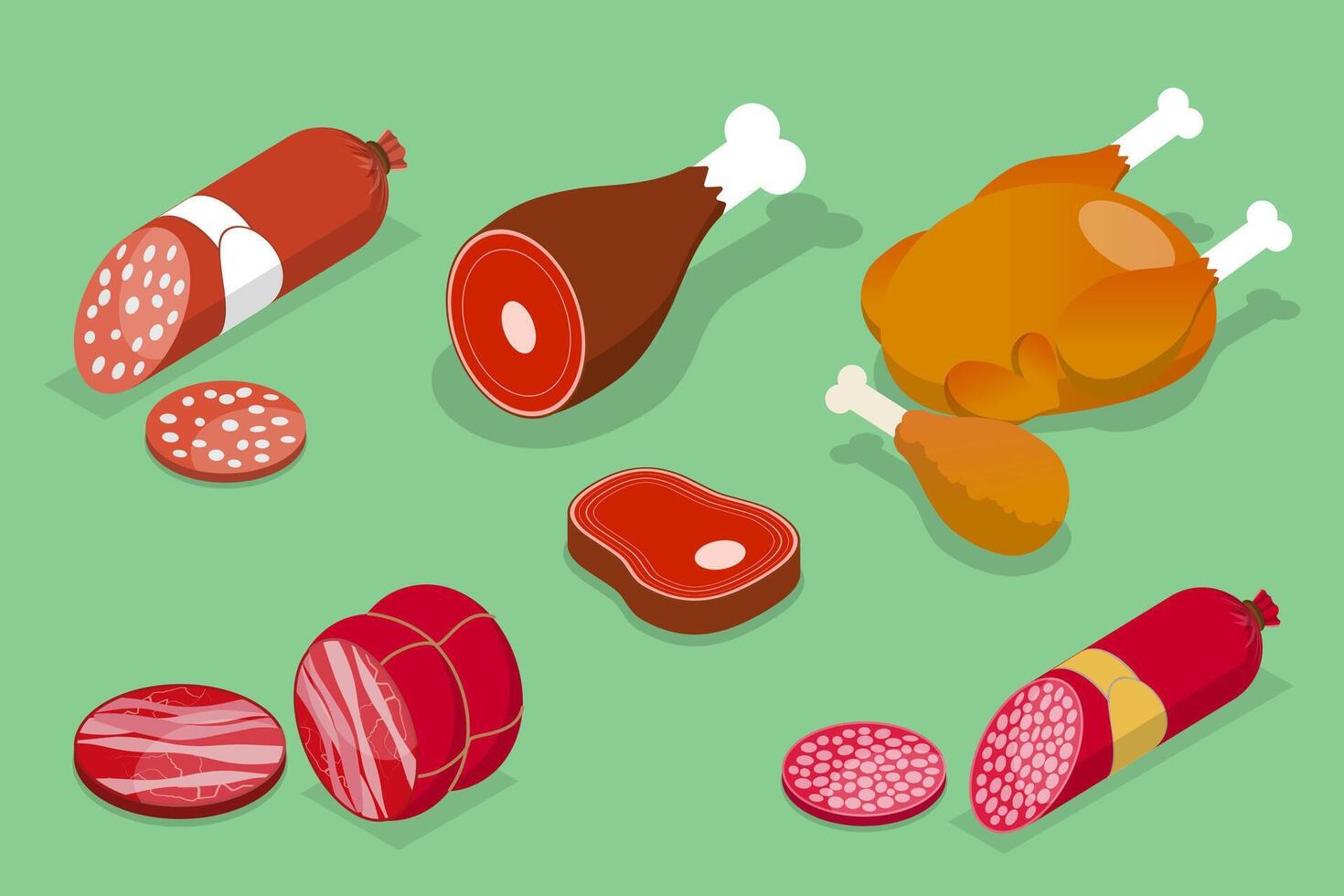 3D Isometric Flat Set of Fresh Farm Meat Products, Butcher Shop vector