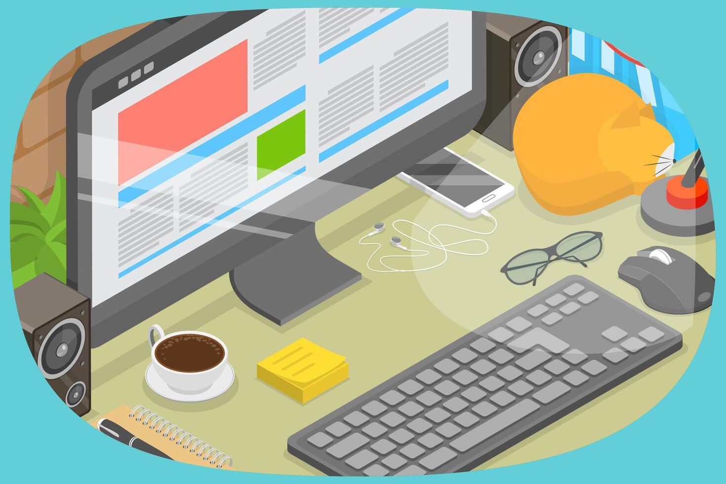 3D Isometric Flat Illustration of Freelance Workplace, Working at Home Office Desk vector