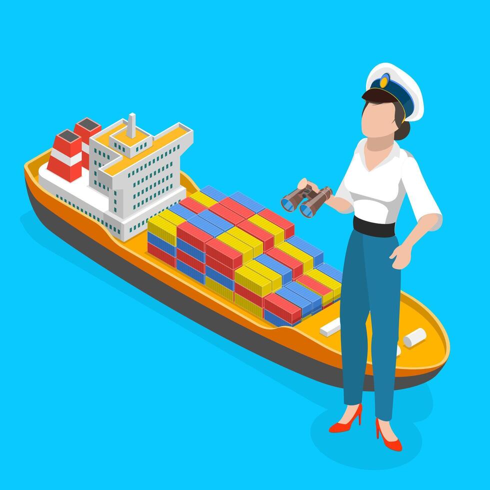 3D Isometric Flat Illustration of Woman Ship Captain, Seatime and Marine Life vector