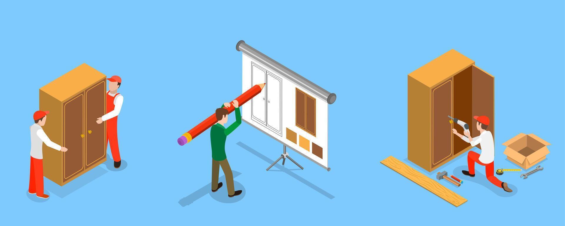 3D Isometric Flat Illustration of Furniture Designe and Assembly Service, Woodwork and Carpentry vector