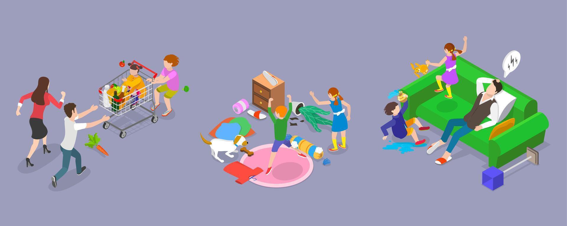 3D Isometric Flat Illustration of Hyperactive Children , ADHD Signs and Symptoms vector